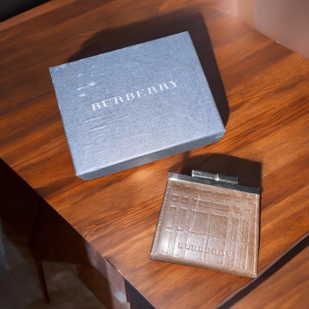 Burberry coin case, dark brown check leather EUC